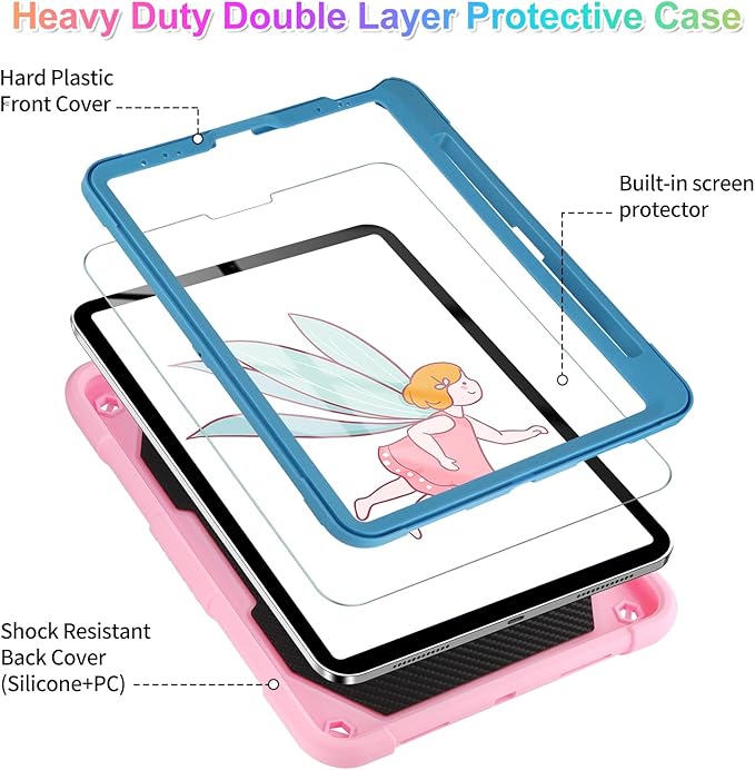 for iPad Air 5th/4th Generation Case with Screen ProtectoriPad Pro 11 Inch Case Butterfly Stand Strap Cute Dolls Pencil Holder Kids Hard Cover for iPad Air 4th 5th 10.9/iPad Pro 11 2022-Pink Blue