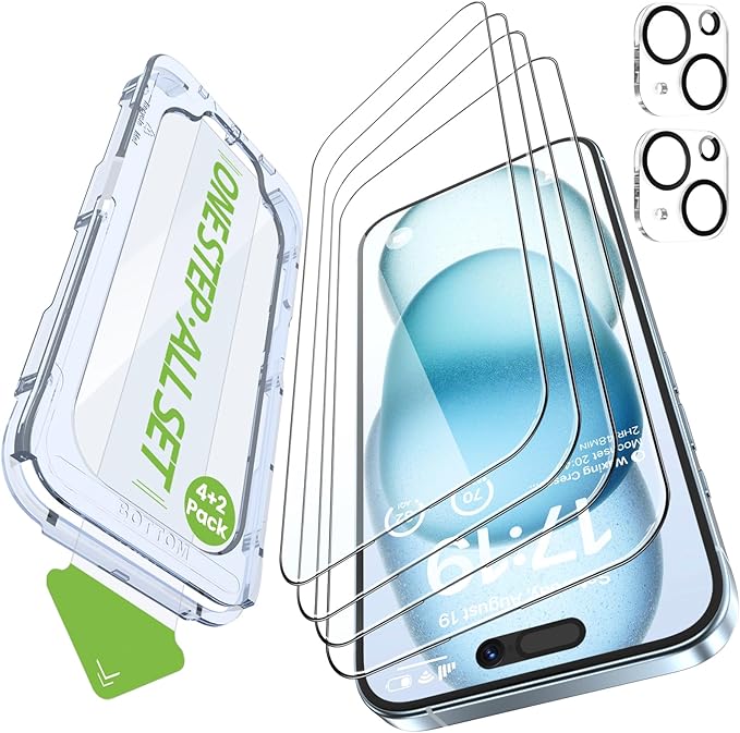 iGluz 4 Pack for iPhone 15 Screen Protector with 2-Pack Camera Lens Protector[99.99% HD Clear][9H Tempered Glass][Bubble Free][Easy Installation][Smooth Touch][Anti-fingerprint]4+2 Dual Protection