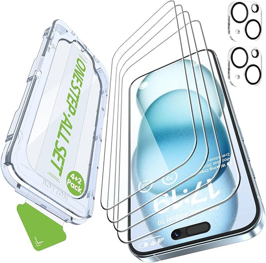 iGluz 4 Pack for iPhone 15 Screen Protector with 2-Pack Camera Lens Protector[99.99% HD Clear][9H Tempered Glass][Bubble Free][Easy Installation][Smooth Touch][Anti-fingerprint]4+2 Dual Protection