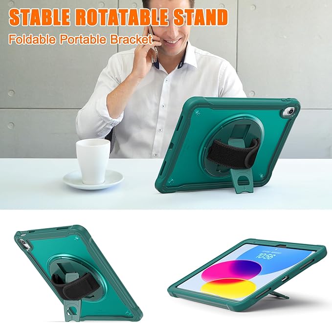 Case for iPad (A16) 11th/10th Generation 2025/2022 11/10.9 inch Rugged Shockproof Protective Cover with Screen Protector 360° Rotating Hand Strap&ampStand Pencil Holder Green