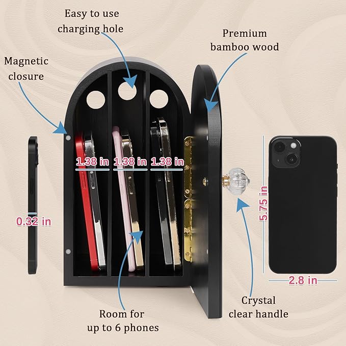 Phone Box for Family Time Bamboo Cell Phone Jail 3 Sections Hold 6 Phones with Charging Holes Phone Holder Self-Discipline Box Help Kids Adults Focus Back Mobile Phone Addiction (Black)