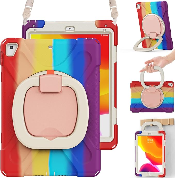 BRAECN Case for 9.7 Inch iPad 5th/6th Gen 2018/2017 Drop Protection Silicone Cover w/Pencil Holder Shoulder Strap Folding Handle Grip Kickstand for Kids Fit for iPad Pro 9.7”/Air 2- Colorful Red