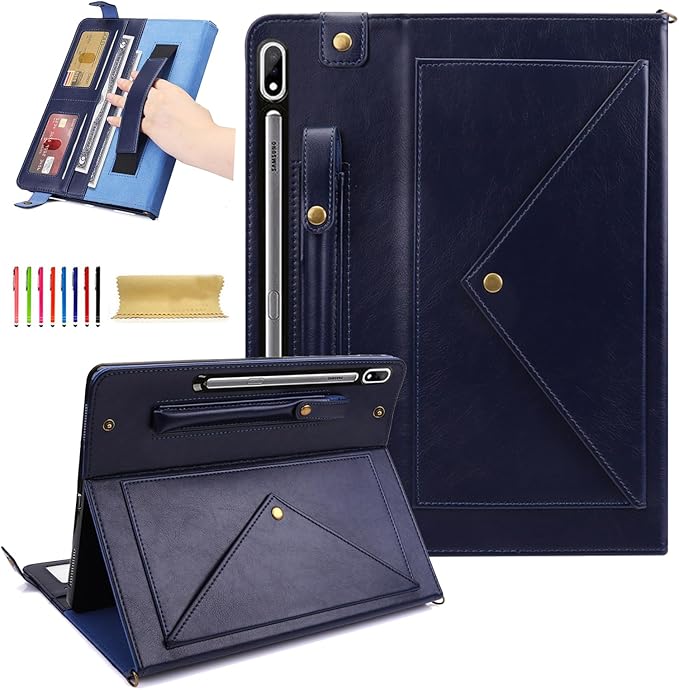 Dteck Galaxy Tab S10 Ultra CaseGalaxy Tab S9 Ultra 2023/S8 Ultra 2022 CaseBusiness PU Leather Folio Stand Protective Cover with S Pen Holder Card Slots Shoulder Hand Strap Wallet Bag CaseBlue