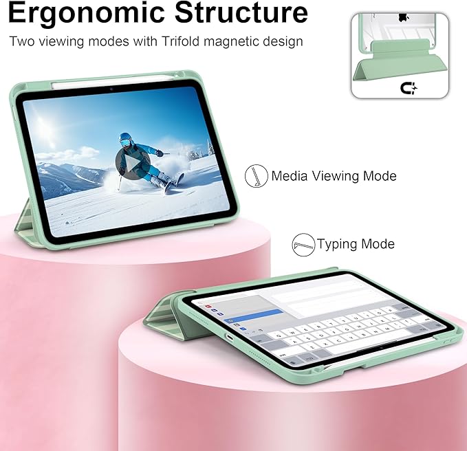 Case for iPad A16 11th Generation 11 inch 2025 iPad 10th Generation 10.9 inch 2022 -[Built-in Pencil Holder] Shockproof Clear Hard Back Trifold Stand Auto Wake/Sleep Green Striped