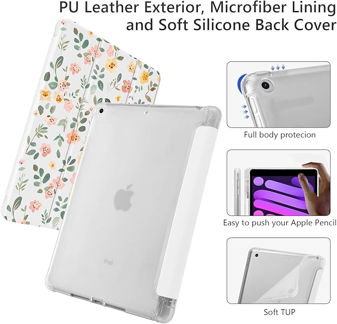 Cute Leaves Floral for iPad Air 13 Inch Case M3 2025/M2 2024 with Pencil Holder Auto Sleep/Wake Leather Soft TPU Back Cover