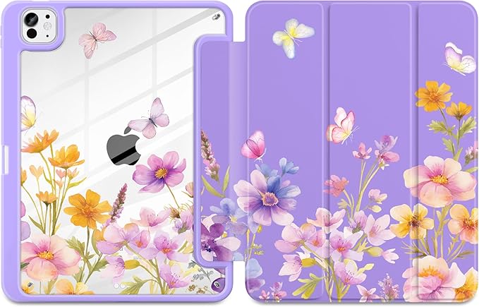 Case for iPad Pro 13 inch (M5) 2025 (M4) 2024 Release Slim Lightweight Cute Purple Cover with Clear Back TPU Edge Pencil Holder Trifold Stand Watercolor Flower