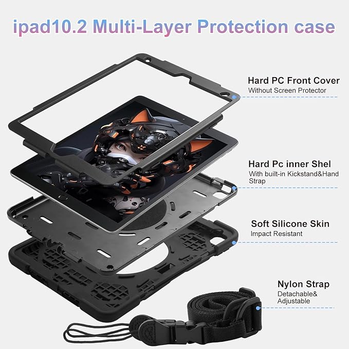 for iPad 9th/8th/7th Generation Case 10.2Heavy Sturdy Shockproof Kids Cover with Rotating Stand/Pencil Holder/Shoulder Strap for iPad 10.2 Case 2021/2020/2019 Girls (Black)