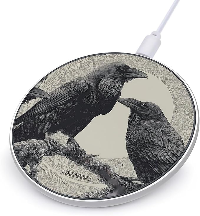 Vintage Black Crows Perched Fast Portable Charger 10W Funny Graphic Phone Charging Pad with USB Cable