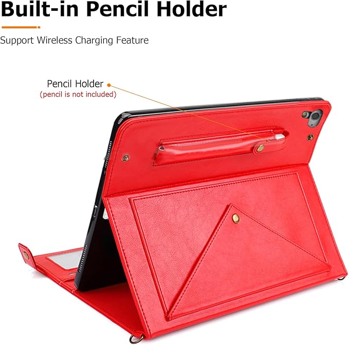 Dteck Case for iPad 6th/5th Generation 9.7 Inch 2018/2017/iPad Air 2/1Premium PU Leather Business Folio Stand Smart Auto Wake/Sleep Cover Shoulder/Hand Strap Pencil Holder Wallet CaseRed