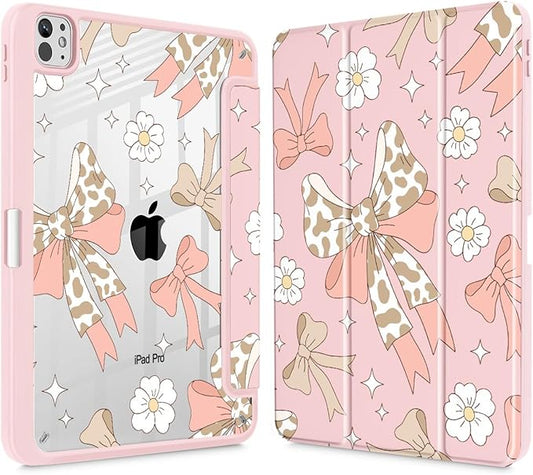 Tuiklol for iPad Pro 11 Inch (M5 2025 / M4 2024) Case Buit-in Pencil Holder with Slim Clear Back Cover Protection Trifold Stand-Auto Wake/Sleep Tablet Case Black Flower Leopard Bow Pink