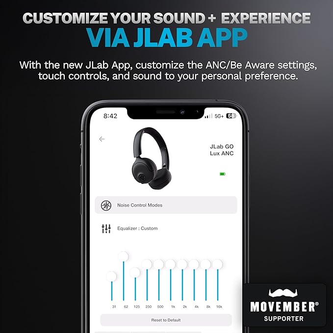 JLab Go Lux ANC Wireless Headphones Graphite Hybrid Active Noise Cancelling Premium On-Ear Bluetooth Headset Customizable Sound Be Aware Mode Cloud Foam Comfort Multipoint Connection