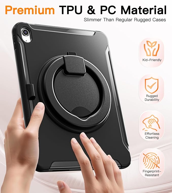 BATYUE Shockproof Case for iPad 10th Gen 10.9 2022 / 11th Gen (A16) 11 2025 | 360° Multi-Angle Stand (Portrait &amp Landscape) &amp Grip Built-in Screen Protector Pencil Holder Black