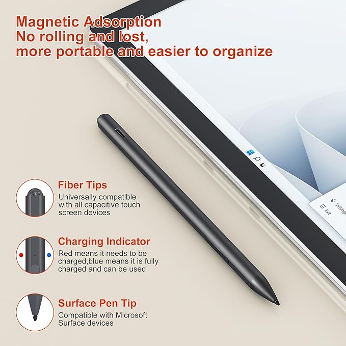 Surface Pen Stylus for Microsoft Surface Pro - 75 Day Battery Life+4096 Tilt Pressure+Touchscreen Pen Cap Work for Surface Pro 11/10/9/8/7/6/5/4/3/X Surface Go 3/2/1 Surface Book/Laptop/Studio 3/2/1