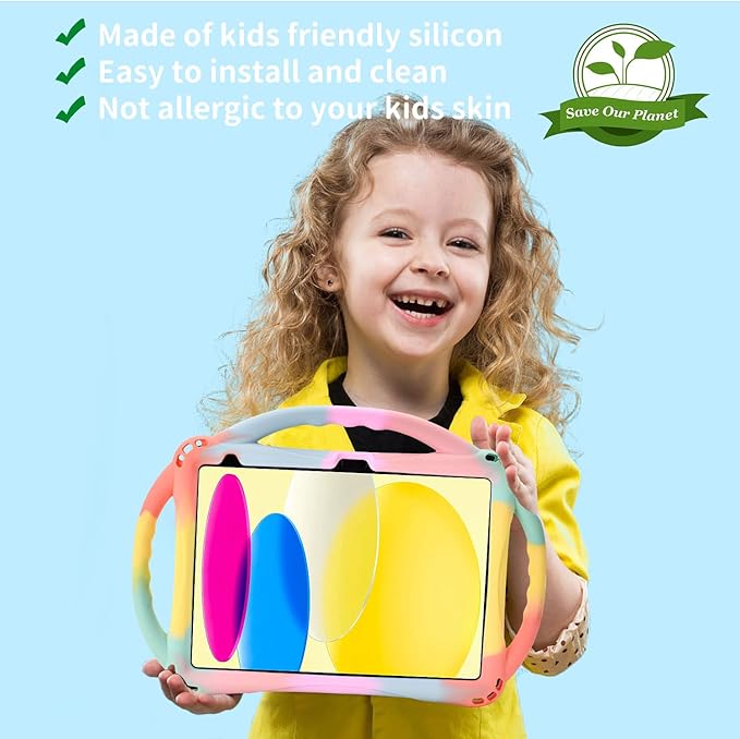 TopEsct Kids Case for iPad (A16) 11th Gen 11 2025 iPad 10th Gen 10.9 2022 with Tempered Glass Screen Protector Silicone Shockproof Case Comes with Strap (Rainbow)