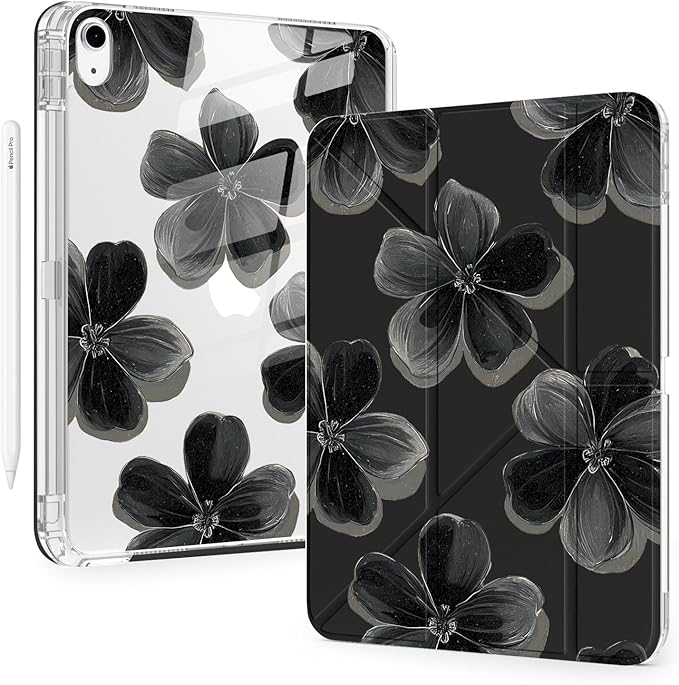 Cute Floral Flower for iPad Pro 11 Inch Case (M5/M4) 2025/2024 with Pencil Holder Auto Sleep/Wake Black Leather Acrylic Back Detachable Cover