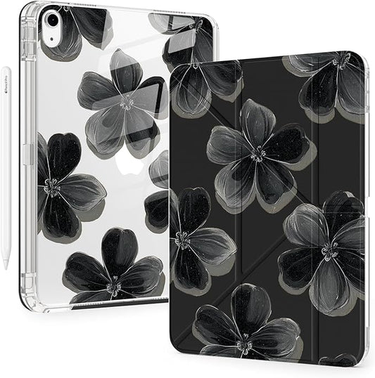 Cute Floral Flower for iPad Pro 11 Inch Case (M5/M4) 2025/2024 with Pencil Holder Auto Sleep/Wake Black Leather Acrylic Back Detachable Cover