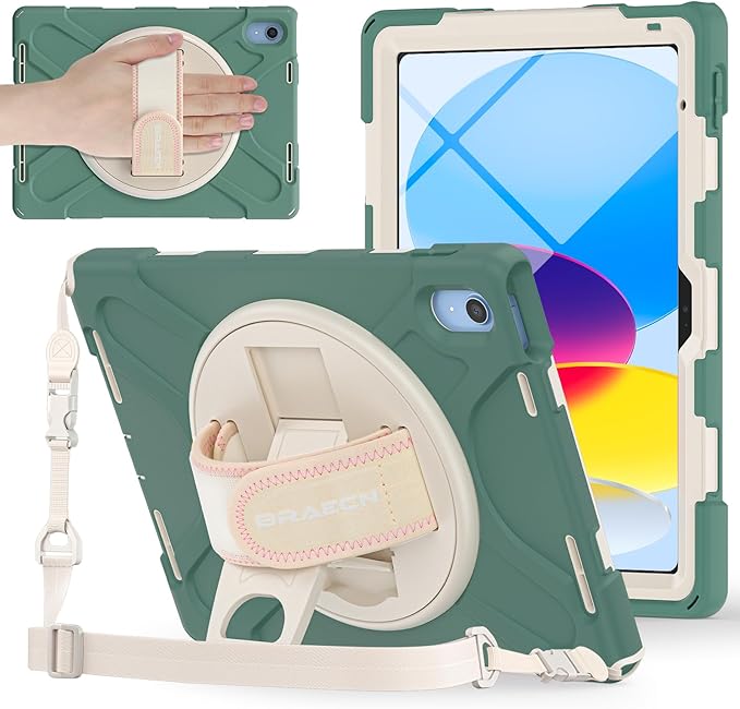 BRAECNstock Case for Apple iPad (A16) 11th/10th Generation 11/10.9'' 2025/2022 Shockproof Protective Case with Screen Protector Pencil Holder Rotating Stand&ampHand Strap Emerald Green