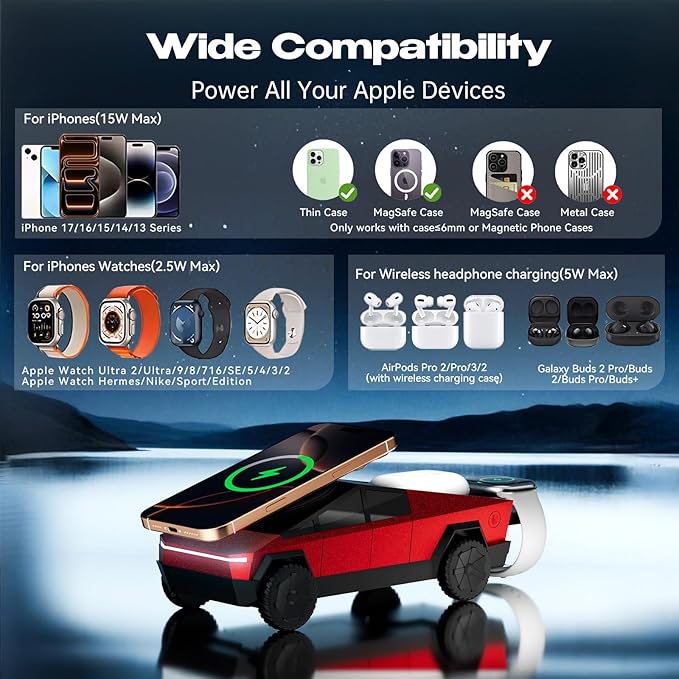 CyberDock 3-in-1 Wireless Charging Station Cybertruck 1:25 Scale Charger with Qi2 Certified 15W Charging for iPhone iWatch AirPods Magnetic Rotating Charger with Ambient Light 30W Adapter Red