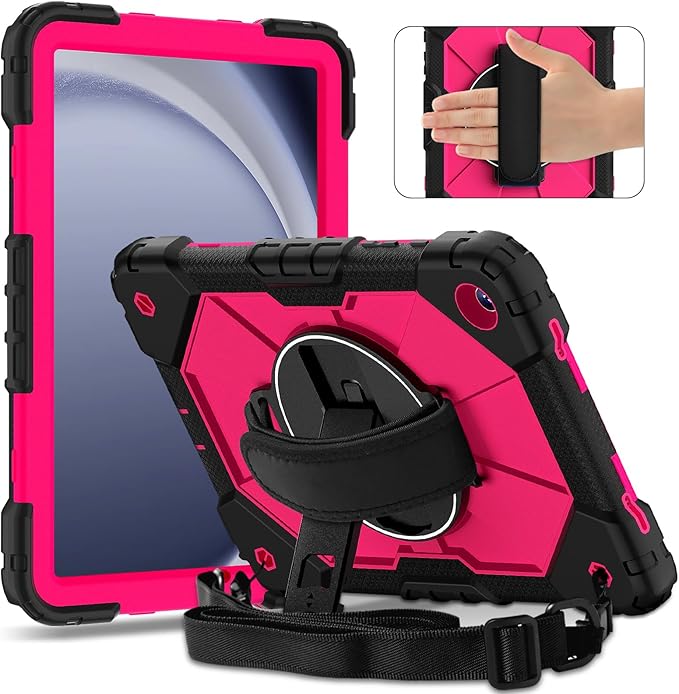 Case for Samsung Galaxy Tab A9 Plus(X210/X216/X218)/A11+ 11 Inch 2025 (X230/X236B) Heavy Duty Shockproof Rugged 360 Rotating Hand Strap Protective Tablet Case for Tab A11 PlusBlack+Rose Red