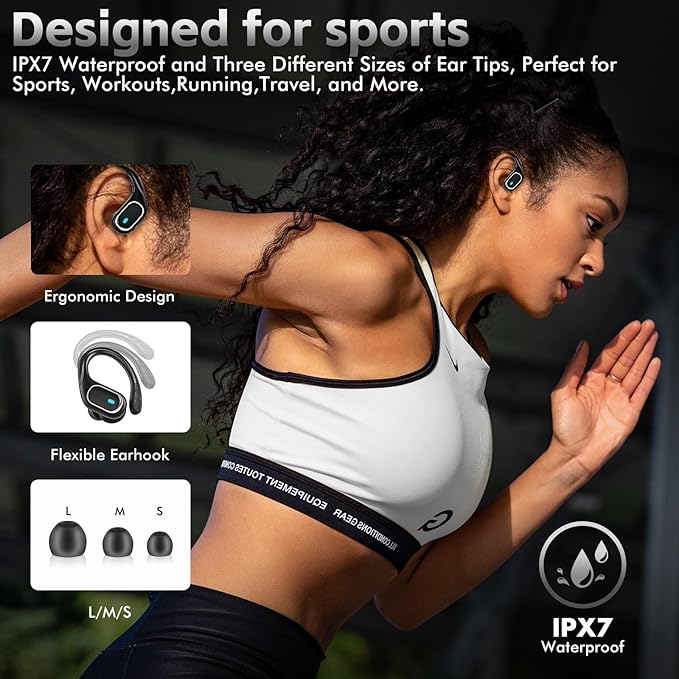 Wireless Earbuds Bluetooth 5.3 Headphones with 80H Playback IPX7 Waterproof Over Ear Buds with LED Power Display for Sports Running Workouts
