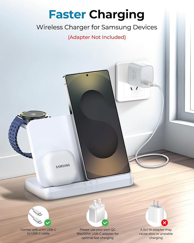 EGV Wireless Charger for Samsung – 3 in 1 Wireless Charging Station for Galaxy S26 Ultra S25 S24 Z Fold Flip 7/6 Detachable Watch Charger for Galaxy Ultra 8/7/6 Foldable Fast Charging White