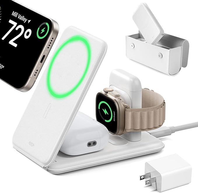 ESR 3 in 1 Charging Station for Apple 15W MagSafe Charger Stand MagSafe Travel Charger for iPhone 17/16/15/14/13/12 Series Watch AirPods White (Bag Included)