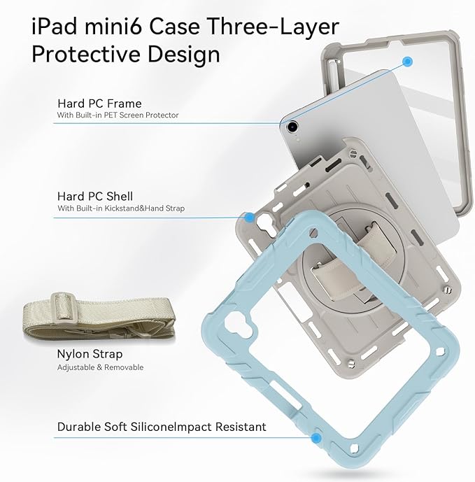 for iPad mini 7 A17 Pro/iPad mini 6 8.3 Inch Case iPad mini 7th/6th Generation Case (2024/2021) with Pencil Holder/Kickstand Hand Strap/Shoulder StrapBlue+White