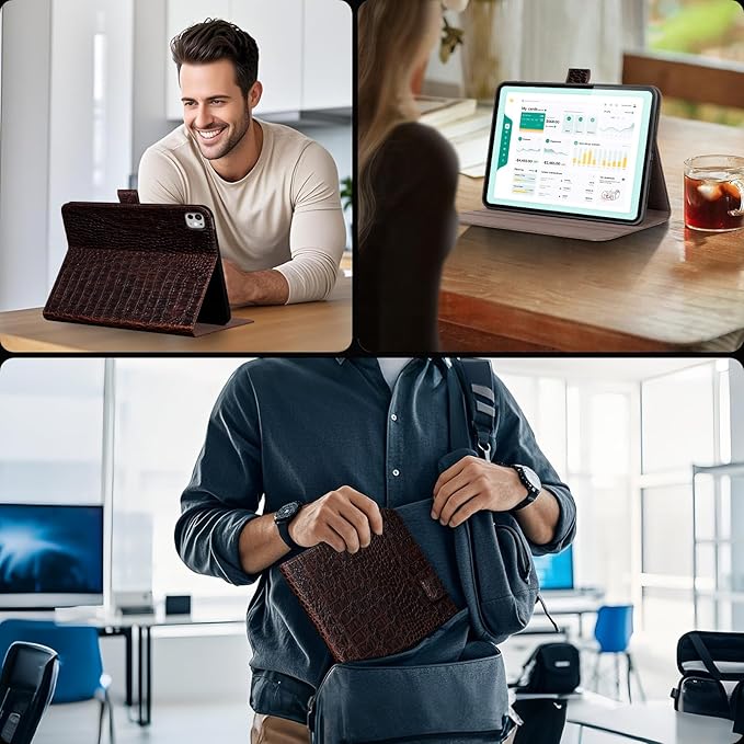 Gexmil Leather Case for iPad Pro 11 Inch (M5/M4) 2025/2024 with Magnetic Closure Adjustable StandProtective Shockproof Leather Smart Folio Cover Auto Sleep/Wake Anti-SlipBrown Crocodile