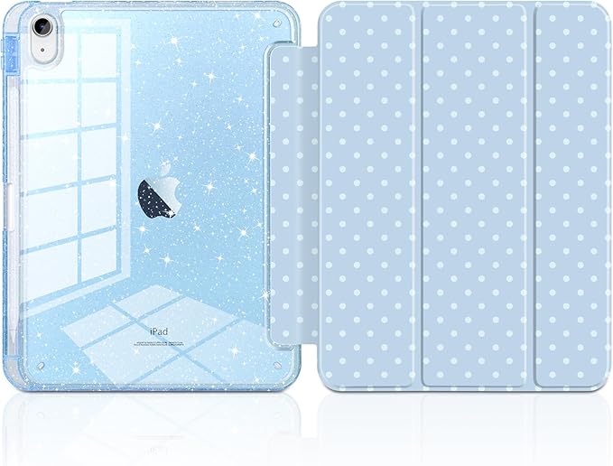 DONGKE for iPad Pro 11 inch Case – Fits M5 2025 / M4 2024 Shockproof Sparkling Glitter Acrylic Back Pencil Holder Trifold Stand Auto Sleep/Wake &amp Touch ID Support - Blue Polka Dot