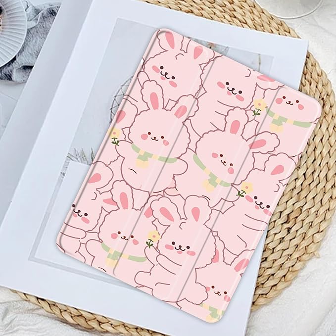 Lovely Rabbit Case for iPad Air 11 M3(2025)/ M2(2024)iPad Air 5th(2022)/ 4th (2020) Gen 10.9 Clear Hard Back Hybrid Casewith Pencil Holder Trifold Stand Tablet Cover for Women