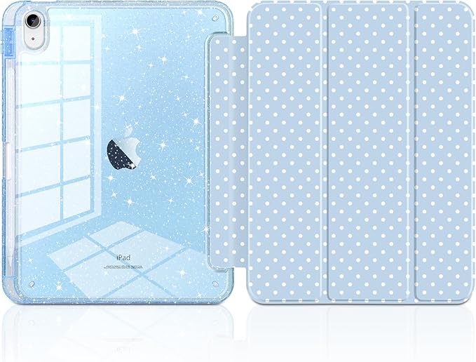 MEEgoodo Case for iPad A16 11th Generation 2025/10th Generation 2022 Glitter Tablet Cases with Transparent Acrylic Back+Trifold Stand +Pencil Holder+Auto Wake/SleepBlue &amp Polka Dots