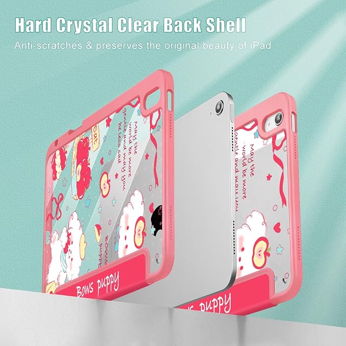 Mektron for 11th Generation iPad 11-inch A16 chip 2025 Cover with Pencil Holder Fit 10th Generation iPad 10.9-inch A14 chip 2022 Shockproof Clear Shell Cute Puppy-Red