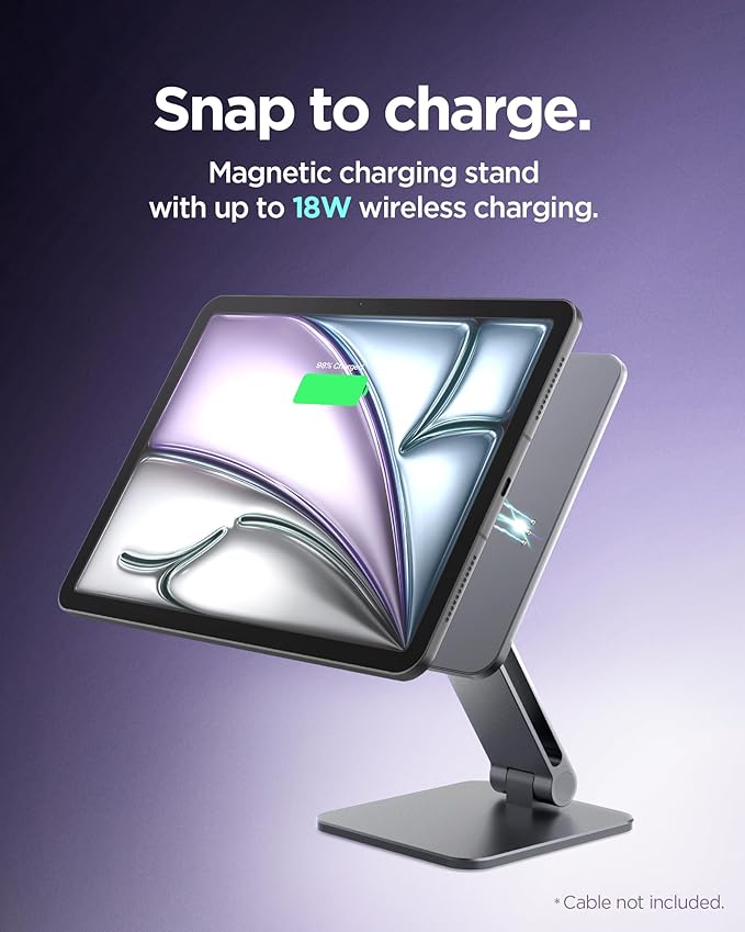 Spigen for Magnetic Wireless Charging Stand Compatible with iPad Air11 M3/M2 10.9 Pro 11 Gen 2/3/4 Foldable Adjustable Aluminum Pogo Pin Charger Tablet Holder Desk Mount - Space Gray (LD207W1)