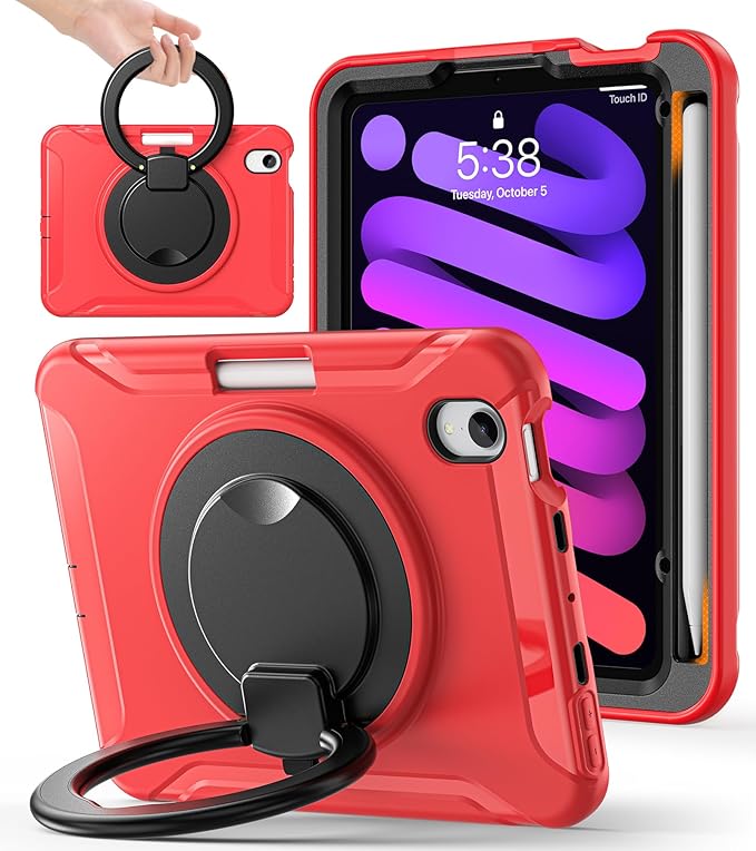 BATYUE Shockproof Case for iPad mini 7 (A17 Pro)/ Mini 6 8.3 inch (2024/2021) - 360° Multi-Angle Stand (Portrait &amp Landscape) &amp Grip Built-in Pencil Holder Red