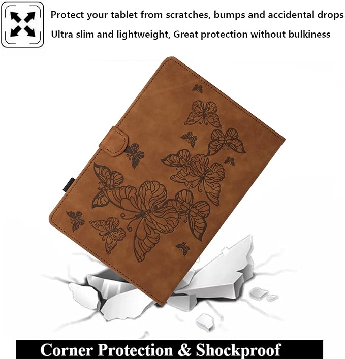 Case for Amazon Kindle Fire HD 8 &amp Fire HD 8 Plus (12th/10th Gen 2024/2022/2020) 8 with Stand/Pencil Holder [Auto Sleep/Wake] UUcovers Embossed Magneic Smart Folio Cover Brown Butterfly