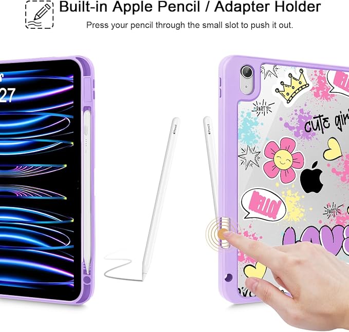 May Chen Case for iPad Air 13 Inch M4 2026 M3 2025 M2 2024 [Built-in Pencil Holder] Shockproof Cover with Clear Transparent Back Shell Auto Sleep/Wake Cover Cute Girl Pattern