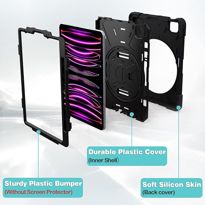 ProCase for iPad Pro 12.9 Inch Case 2022 2021 2020 2018 Rugged Heavy Duty Shockproof Cover with Hand Strap Shoulder Strap for iPad Pro 12.9 6th 5th 4th 3rd Generation –Black