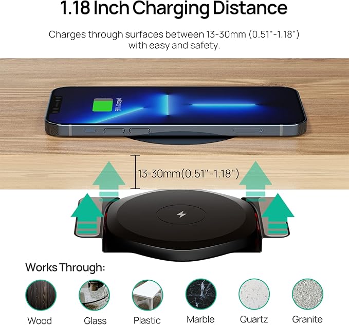 KPON Invisible Wireless Charger30mm Under Desk Charger Mat Furniture Table Nightstand Desktop Charging Station for iPhone17/16/15/14/13/12/Samsung/LG/Google Pixel Desk Essentials(with QC Adapter)