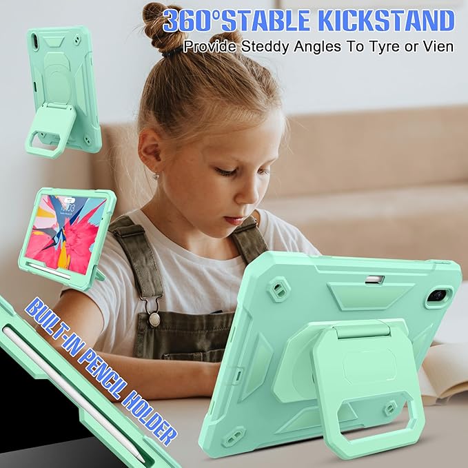 KCJ for iPad Air 11 Inch Case M3 2025 7th Generation &amp M2 2024 6th Generation with Tempered Glass Screen ProtectorRugged Protective Case with Folding Stand/Pencil Holder/Shoulder Strap (Mint Gre