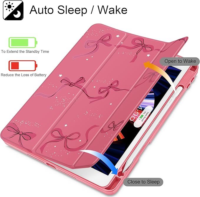 May Chen for iPad 9th Generation with Pencil Holder iPad 8th/7th Gen Case 10.2-inch [Penceil Holder] Trifold Stand Auto Wake/Sleep Clear TPU Protection Back Cover Watermelon red Bow