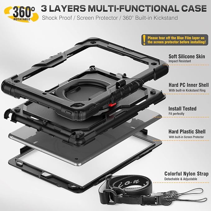 SEYMAC stock Shockproof Tablet Case for iPad 9th/8th/7th Generation 10.2 inch Full-Body Drop Protection Case with Pencil Holder &amp [360 Ring Handle Stand] Screen Protector (Black)