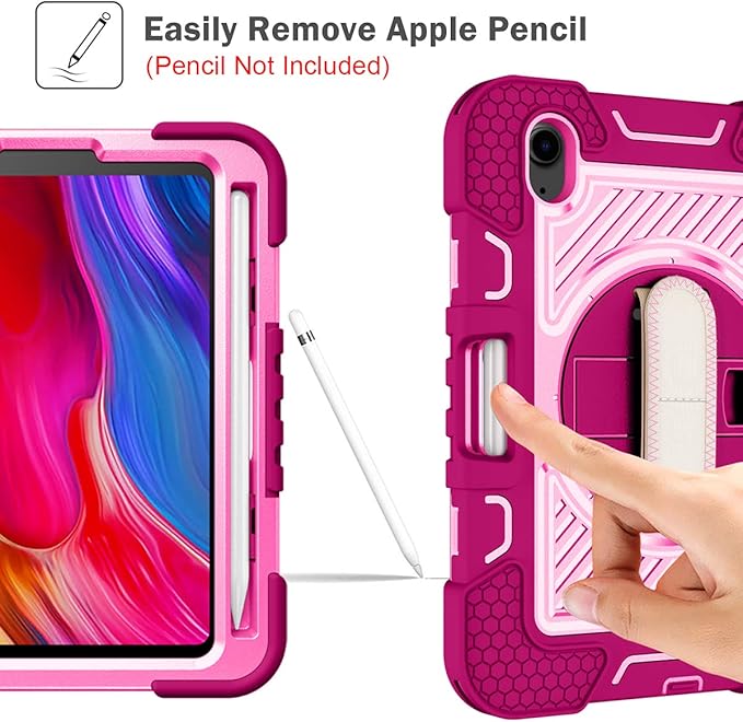 Shockproof Case for iPad mini 2024 (A17 Pro) iPad mini 6 2021 Cover with Shoulder Strap Techcircle Heavy Duty Rotating Kickstand Hand Strap Rugged Protective Case w/Pencil Holder Rose+Pink