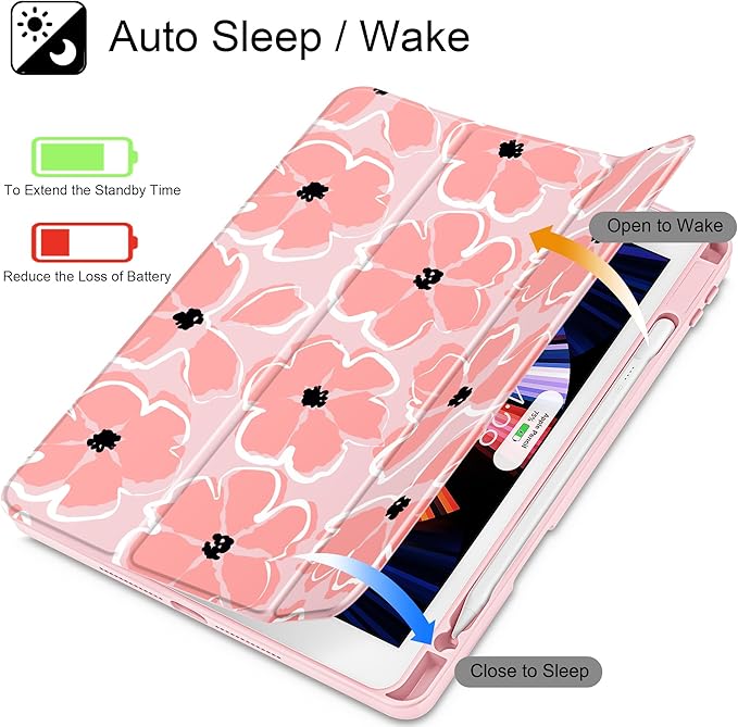 Case for iPad 9th/ 8th/ 7th Generation 10.2-Inch Case(2021/2020/2019 Release) [Built in Pencil Holder] Trifold Stand Auto Wake/Sleep Clear TPU Protection Back Cover Hand Drawn Flowers