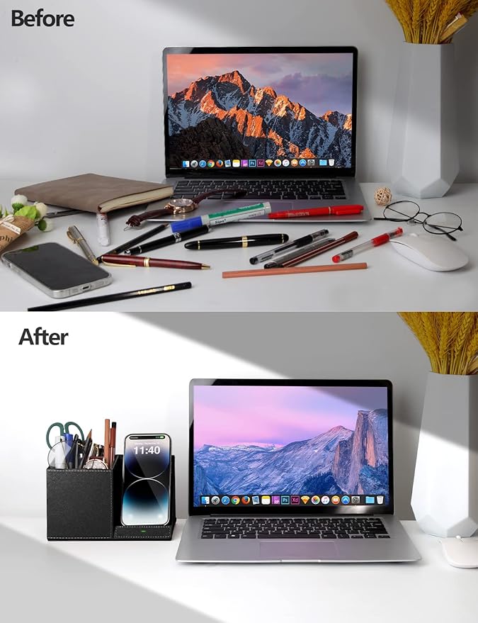 Pen Holder with Wireless Charger Compatible with iPhone 17/16/15/14/13/12/11/8 Series Pencil Holder Phone Stand for Desk Home Office Men Gift Husband Wife Anniversary Dad Birthday Idea Gadget