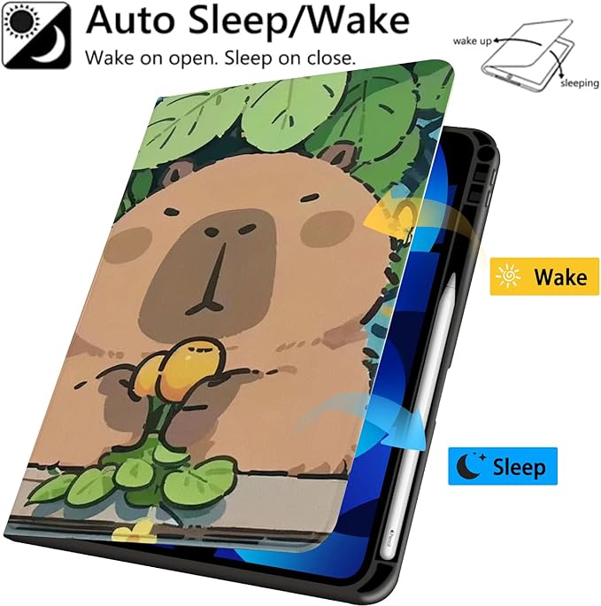 Cute Funny Capybara Case for 11 iPad Pro(M4) 2024 5th GenTextured Folio Case with Pencil Holder Multi-Angle View Adjustable Stand Auto Wake/Sleep(Model Number:A2836/A2837/A3006) for Girls Boys