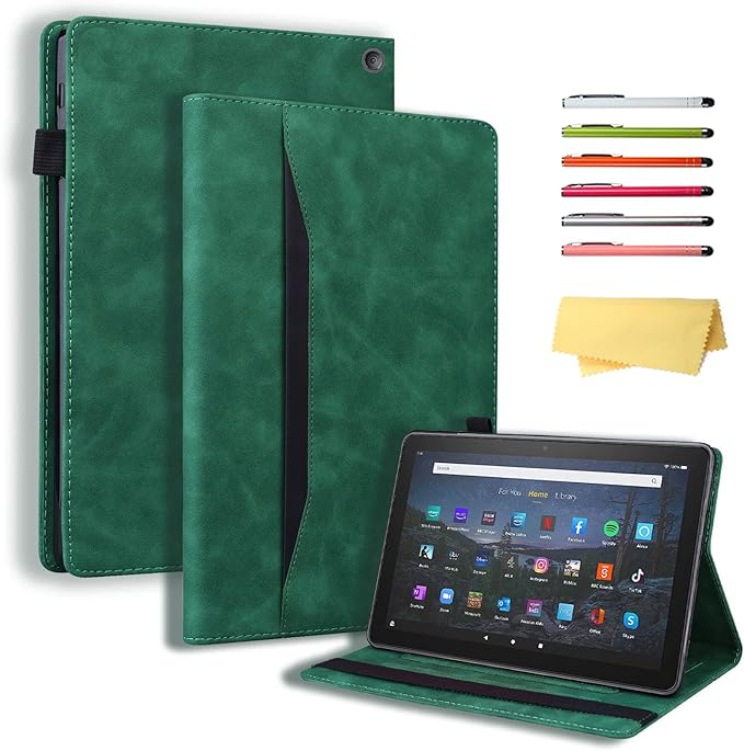for Amazon Kindle Fire HD 10 &amp Fire HD 10 Plus Tablet Case 13th/11th Generation 10.1 (2023/2021) Folio Stand Embossed PU Leather Wallet Cover with Pencil Holder/Document Card Pockets Green