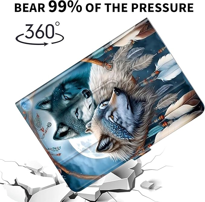 for Universal 10 10.1 Inch Android Tablet Case 360 Degree Rotating Leather Stand Folio Cover for iPad 9.7/10.2/10.5/Galaxy Tab 9-10.5/Fire HD10 &amp More 9.0-10.5 Inch TabletDream Catcher Wolf