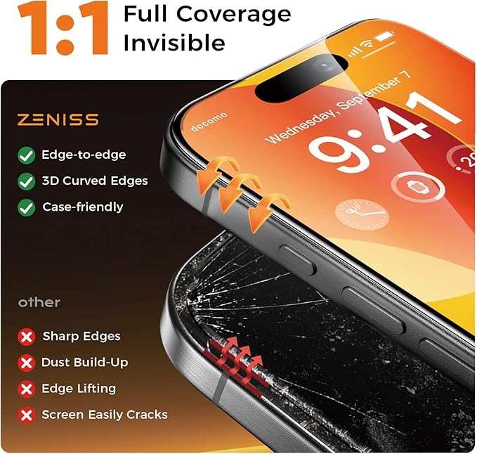 NeverBreak 9H+ Hardness for iPhone 15 Screen Protector 12FT Military Grade Protection (Scratch Shatter Drop Resistance) 15 Tempered Glass Full Edge Coverage Case Friendly 6.1 2 Pack