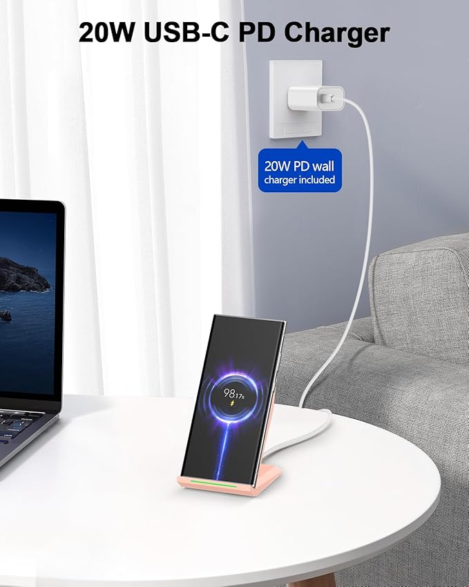 Wireless Charger with USB C Phone Charger Charging Stand with 20W PD Adapter Compatible with iPhone 17/17 Air/16/15/14/13/12 Phone Charging Dock for Samsung Galaxy S26/S26+/S25/S24/S23/S22/S21