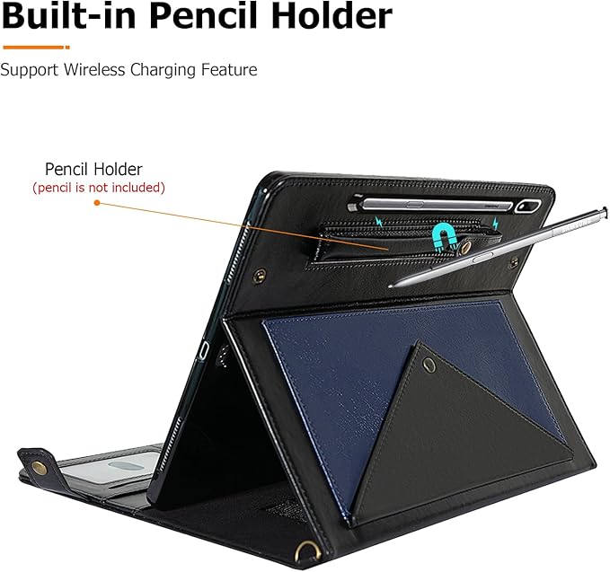 Dteck Case for Samsung Galaxy Tab S9 FE 10.9/S9/S8/S7 11Business PU Leather Folding Stand Protective Cover with S Pen Holder Shoulder Hand Strap Card Slots Handbag Wallet CaseBlue/Black